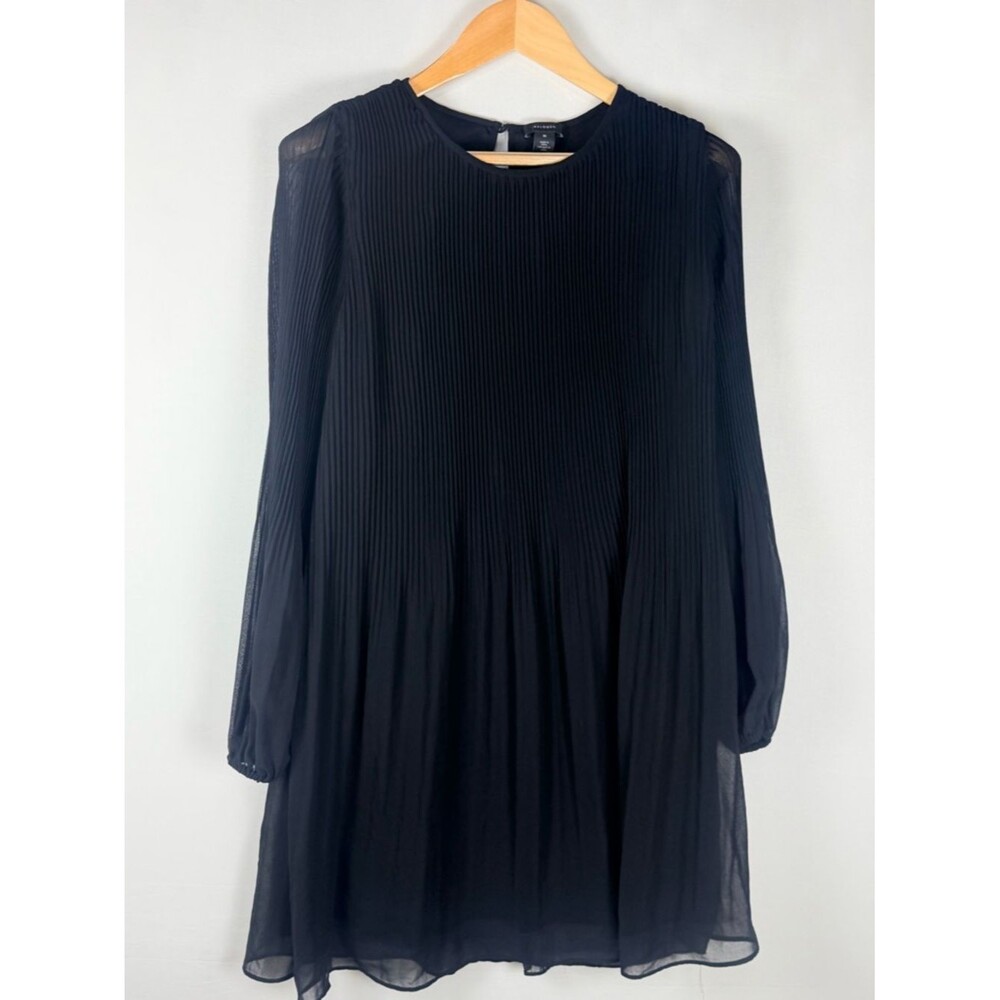 Halogen Black Plissé Long Sleeve Dress M Sheer Pleated Lined Whimsigoth Flowy
